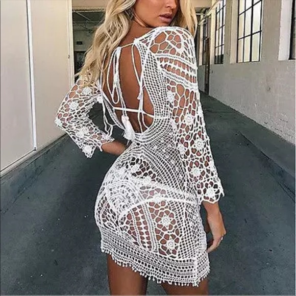 CROCHET SWIM COVERUP BOHO LACE DRESS OPEN BACK - Picture 4 of 9